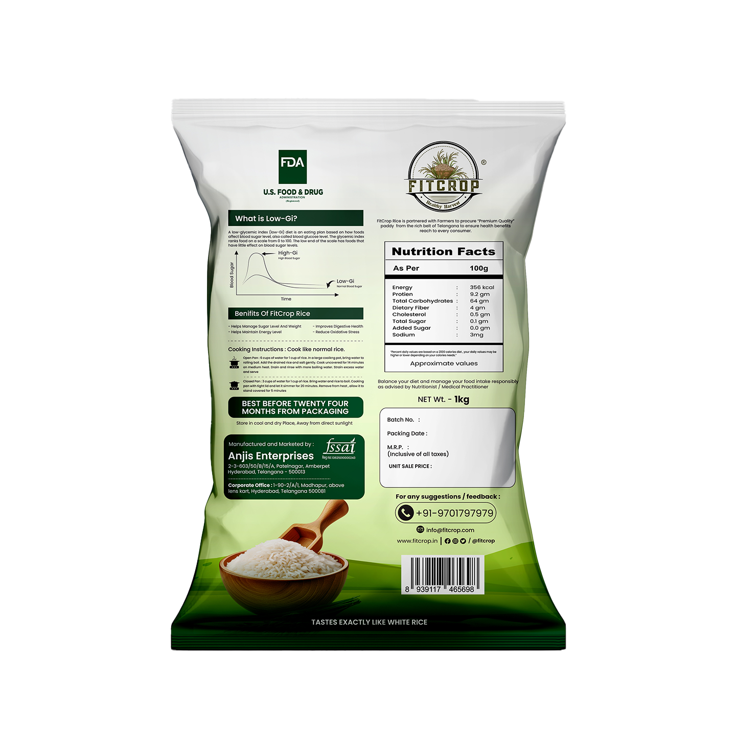FitCrop Low GI Bio-Fortified Rice | High Zinc & Protein | NABL Certified GI Below 55 | Immunity-Boosting Diabetic Rice India