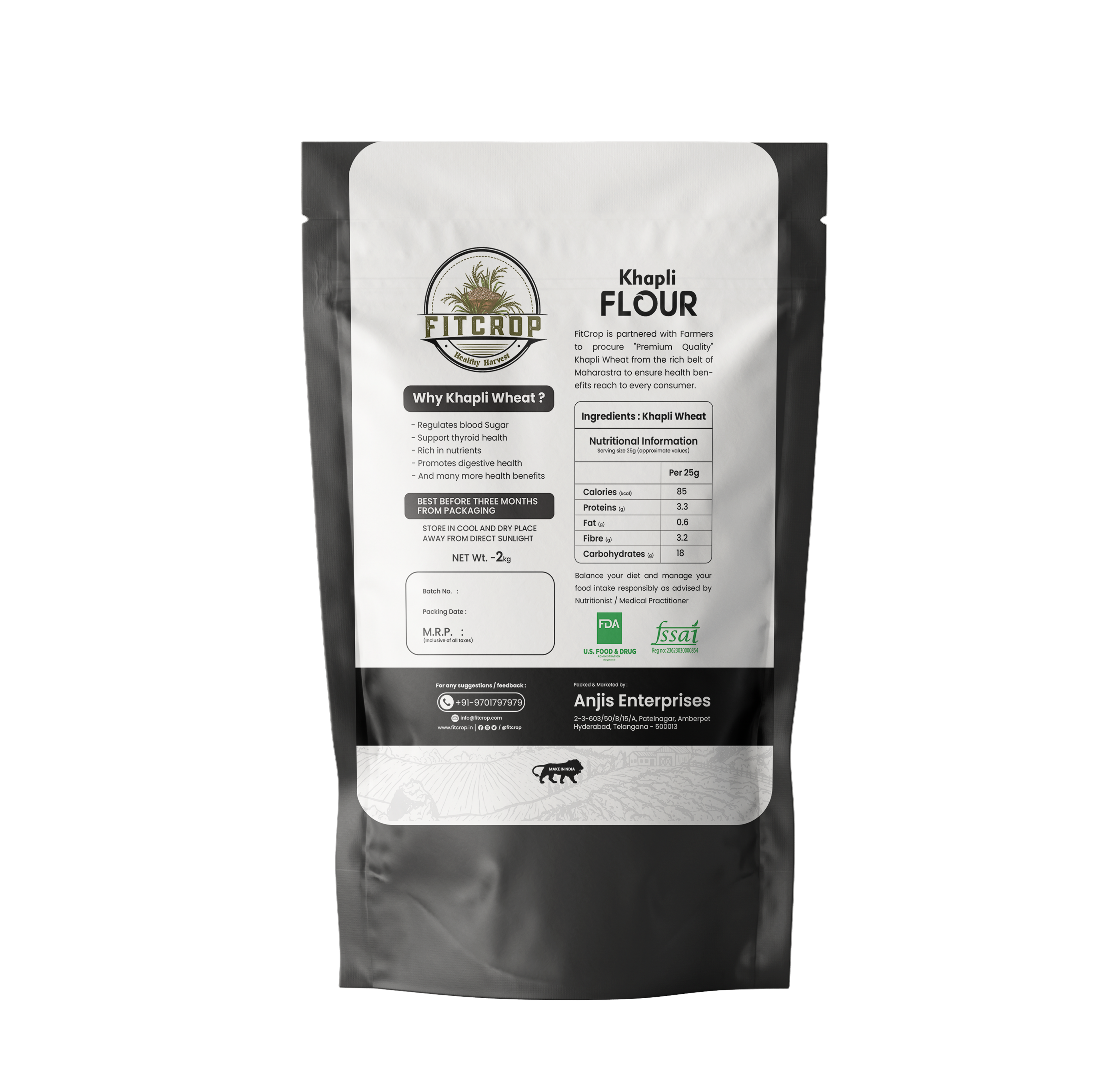 FitCrop Khapli Atta nutrition facts label emmer wheat high fibre