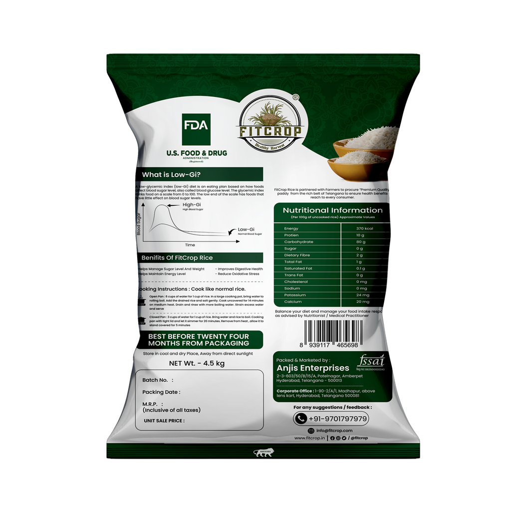 FitCrop diabetic rice nutrition facts label